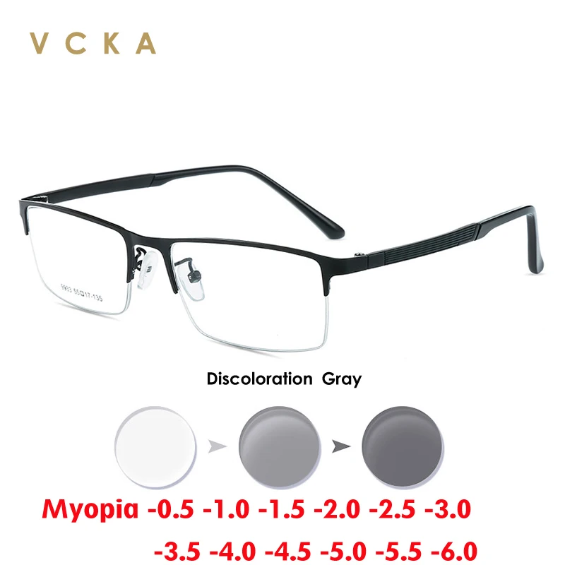 

VCKA Square Men Business Myopia Photochromic Glasses Full Frame Alloy Anti Blue Prescription Shortsighted Eyewear -0.5 TO -10