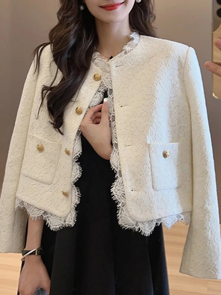 

Runway Fall Winter Fashion Lace Patchwork Jackets Women's Clothes High-End Elegant Vintage Luxury Sweet Top Outwear Casaco