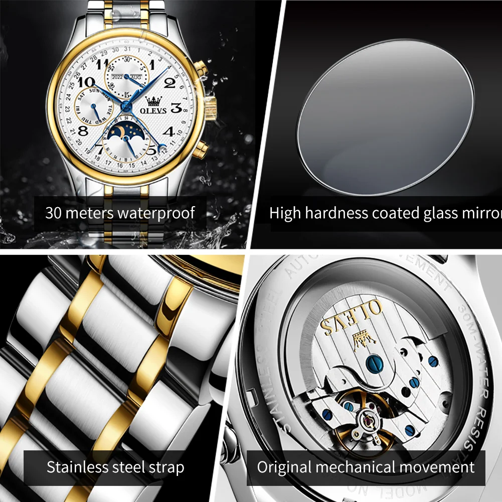 OLEVS New Fashion Moon Phase Mechanical Watch Men Sport Military Stainless Steel Automatic Mens Watches Top Brand Luxury Clock