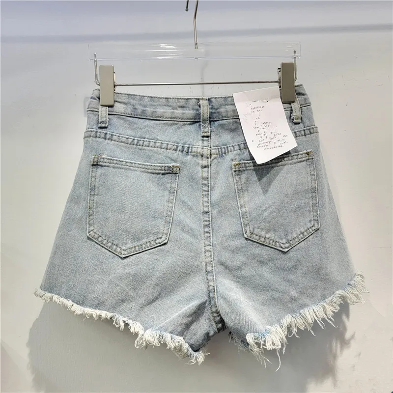 Woman Ripped Diamond Denim Shorts Streetwear 2024 New Summer Trendy Women's High Waist Slim Raw Hem Wide Legs Denim Hot Pants