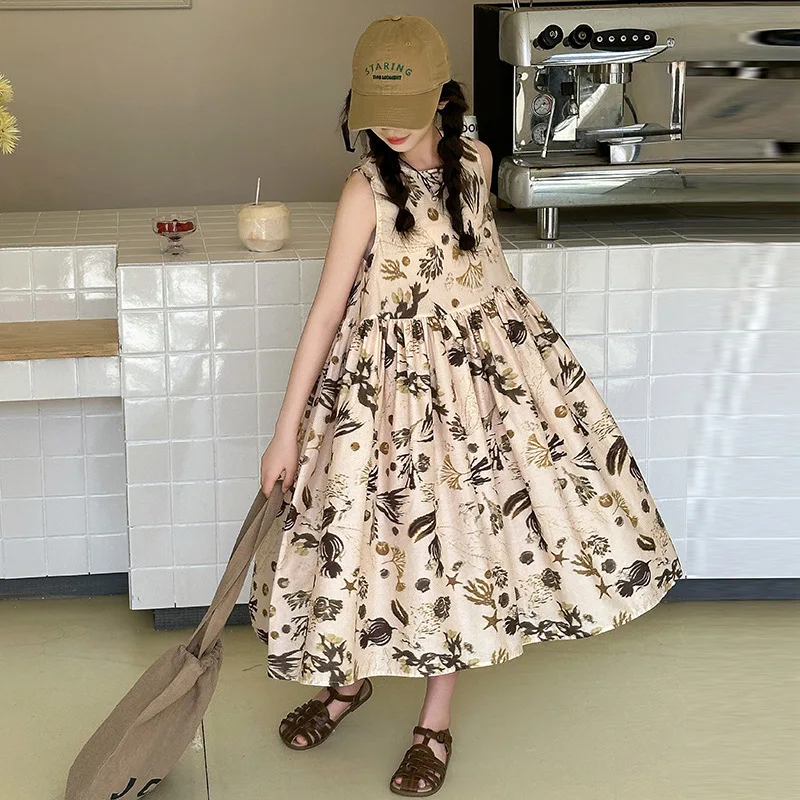 Teens Girls Summer Dress Sleeveless Stylish Floral Princess Dresses for Kids Casual Daily Beach Sundress Children Clothes
