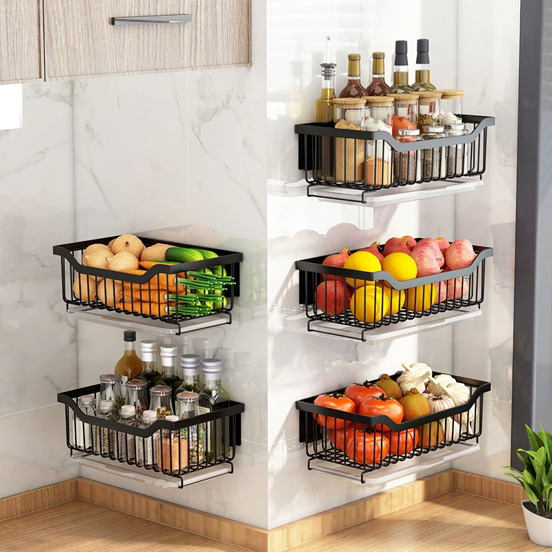 

Stainless Steel Kitchen Storage Basket, Wall Hanging, Fruit and Vegetables Drain Rack, Spice Organizer