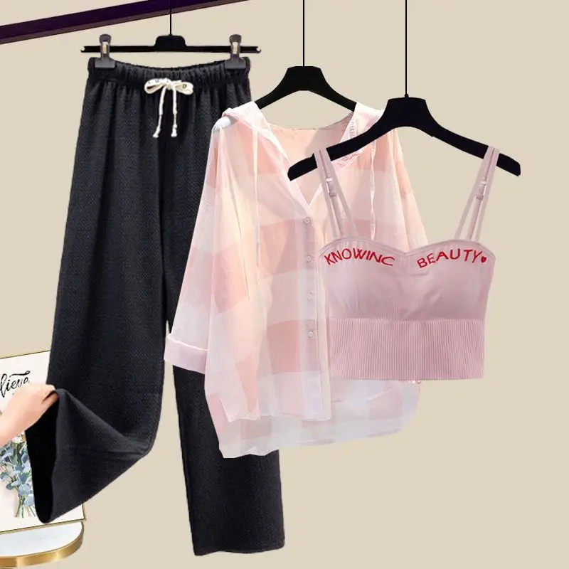 

Women's Spring Fashion Set Loose Hooded Shirt Top+Embroidered Suspender Tank Top+Drawstring Casual Pants Three-piece Sets