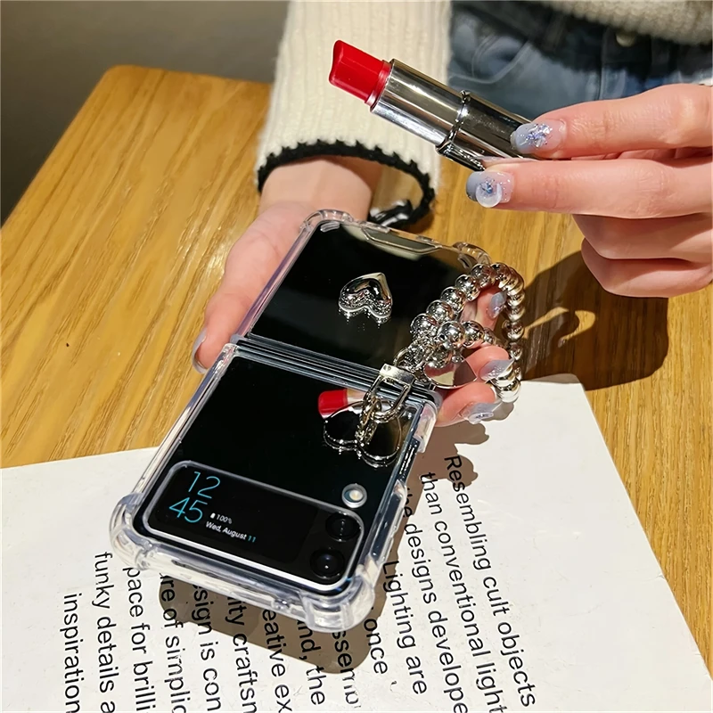 Korean Cute Silver 3D Love Heart Beads Bracelet Mirror Phone Case - Shockproof Back Cover
