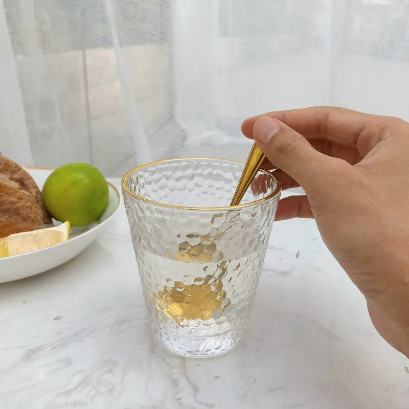 330ml/340ml Drinking Bottle Crystal Glass Hammer Pattern Cup Gold Edge Milk Cup Glass Water Tea Juice Gift