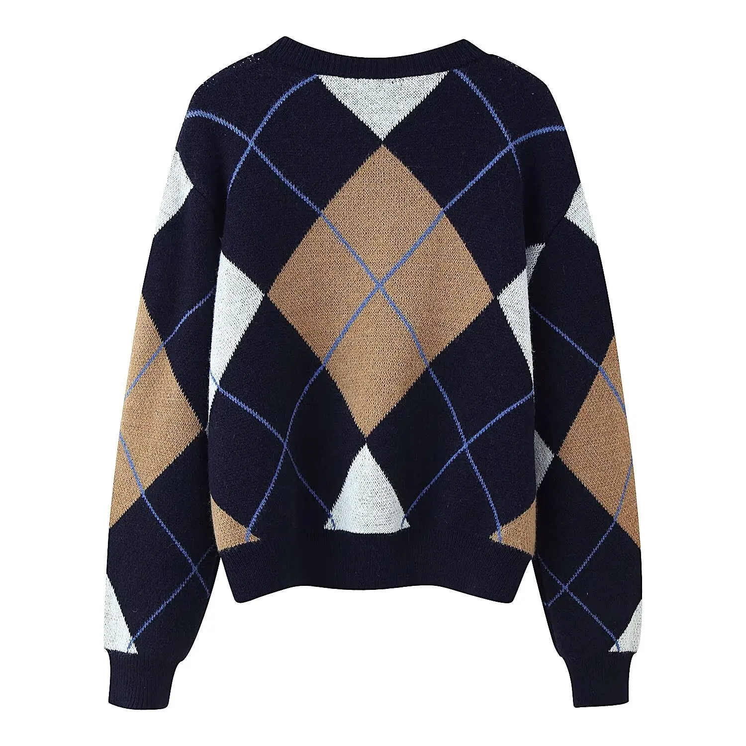 HH Damen Herbst Vielseitiger Rautenmuster-Pullover mit Langen Ärmeln, Rundhals-Oberteil im Casual-Streetstyle – Detail 3