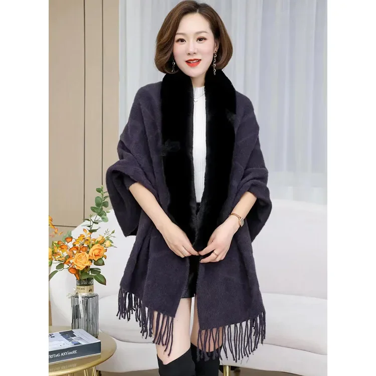 

Winter Imitation Sable Knitted Shawl Imitation Rex Rabbit Cape Fur Collar Tassel Poncho Fashionable Upscale Capes Black Cloaks