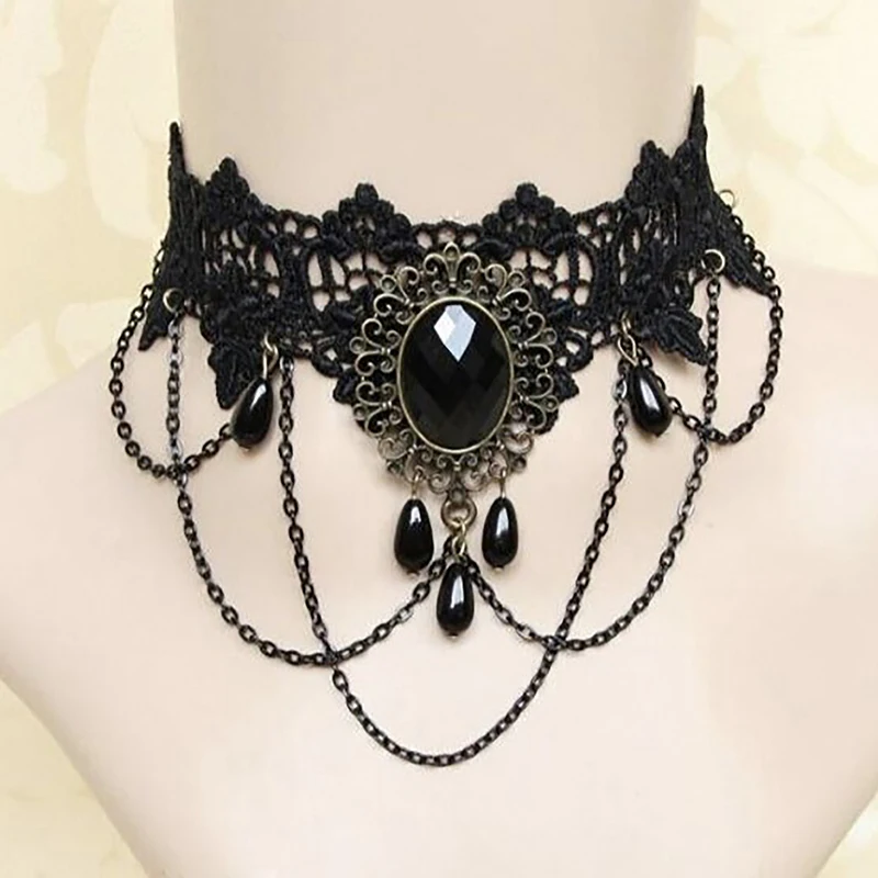 Gothic Black Lace Necklace For Women Girl Boho Crystal Pearl Sexy - Main Image