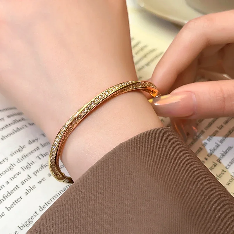 French Design Fashion Jewelry 14K Gold Plated Zircon Twist Closed Bracelet Women's Party Accessories bangle bracelet zircon bracelet