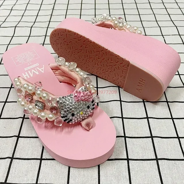 Sanrio Y2k Hello Kitty Soft Flip Flop Sandals Beach Slides Shoes Women Cute Casual High Platform Slipper Ladies Summer Slippers