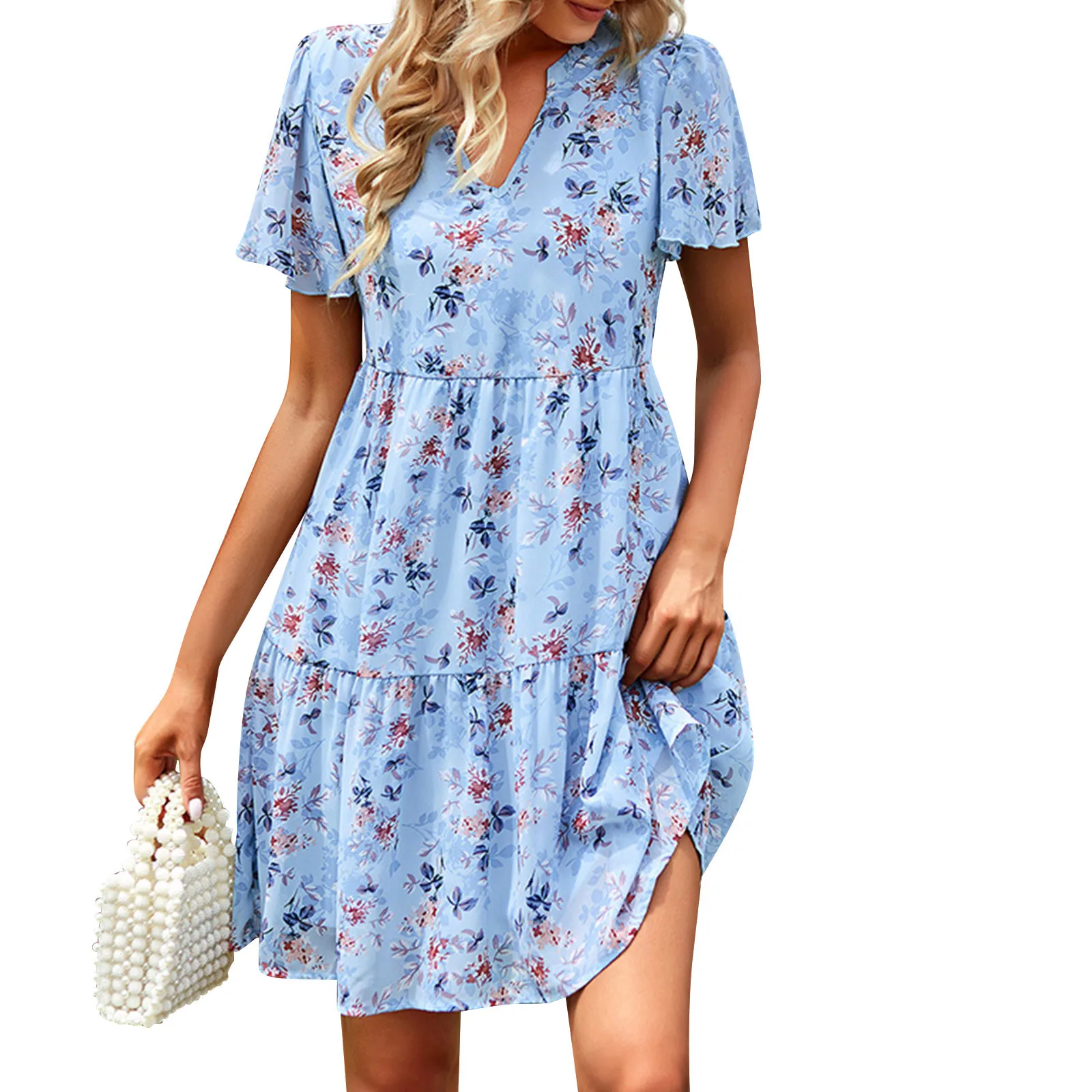 

2024 Women's V-Neck Bohemian Print Short Sleeve Dress A-Line Skirt Fashion-forward and Trendy Plus Size Exquisite Dresses