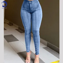 Sexy Women's Skinny Pencil Jeans Skinny Denim Jeans Elastic Mid Waist Jeans Stretch Pants Streetwear Tight Fashion Trousers