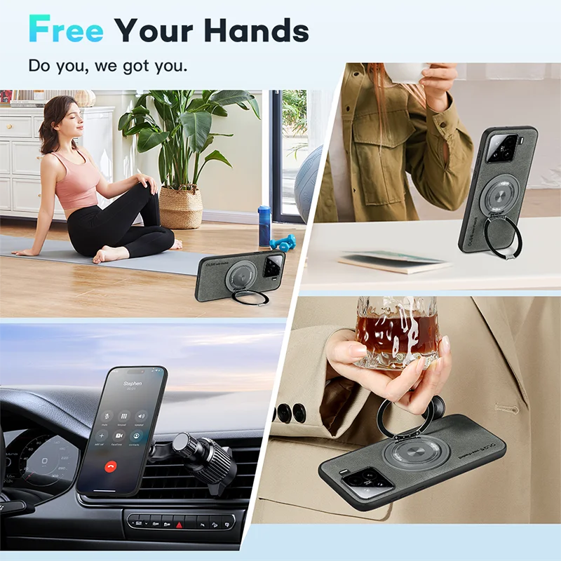 Enhanced Product Title: Premium Magsafe Magnetic Rotating Metal Ring Leather Phone Case and Car Bracket
