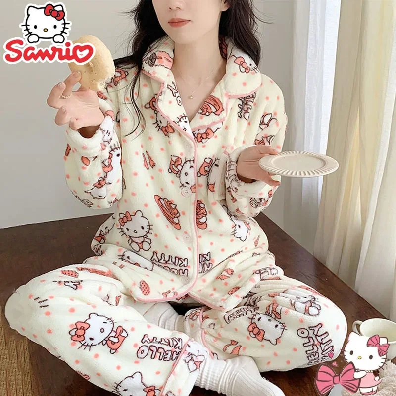 

Sanrio Hello Kitty Long Sleeve Pajamas Women Cute Autumn Winter Plush Warm Girl Kawaii 2-piece Home Service Casual Pajamas Gift
