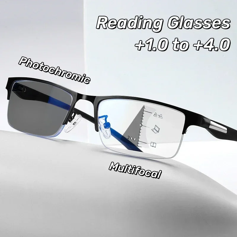 Progressive Multifokale Photochrome Lesebrille Anti-blau Licht Weit Anblick Gläser Männer Halb Rahmen Business Presbyopie Brille