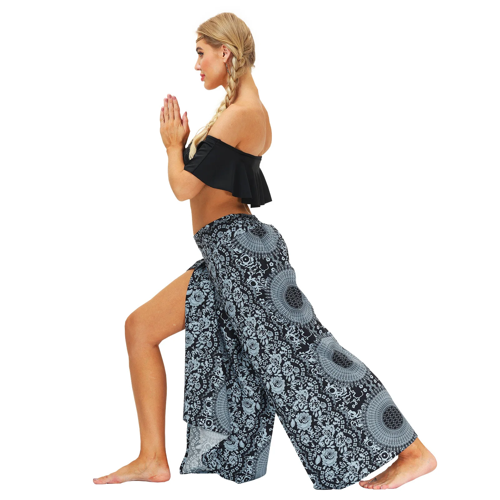 Women Fashion Simple Printing Hippie Pants,Harem Pants Slit Wide Leg Casual Yoga Pants