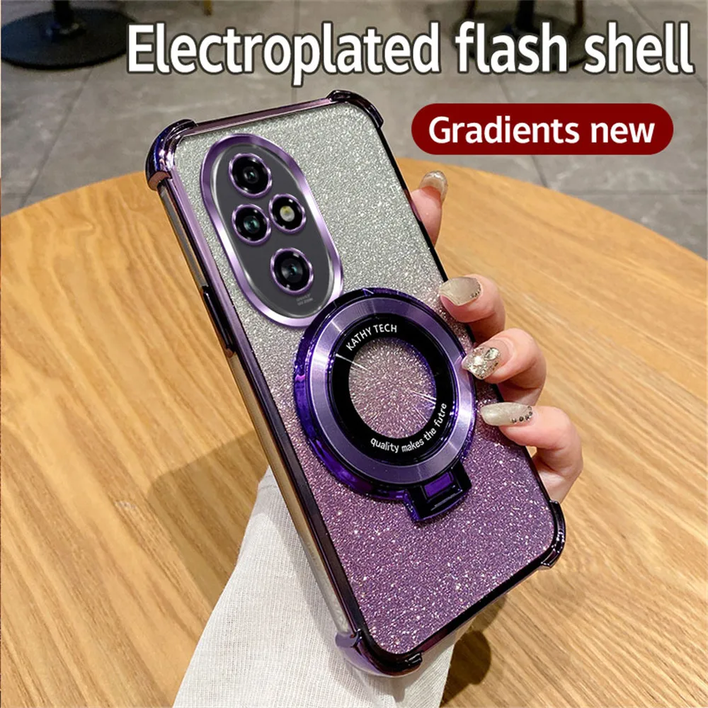Glitter Shockproof Plating Phone Case with Bracket and Soft Stand Cover