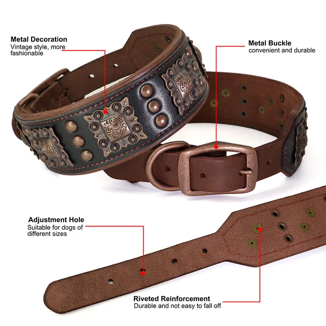 Genuine Leather Wide Dog Collar Leash Set Durable Padded Dog Collars Luxury Metal Rivet Pet Necklace With Rope for Dogs Pitbull 4
