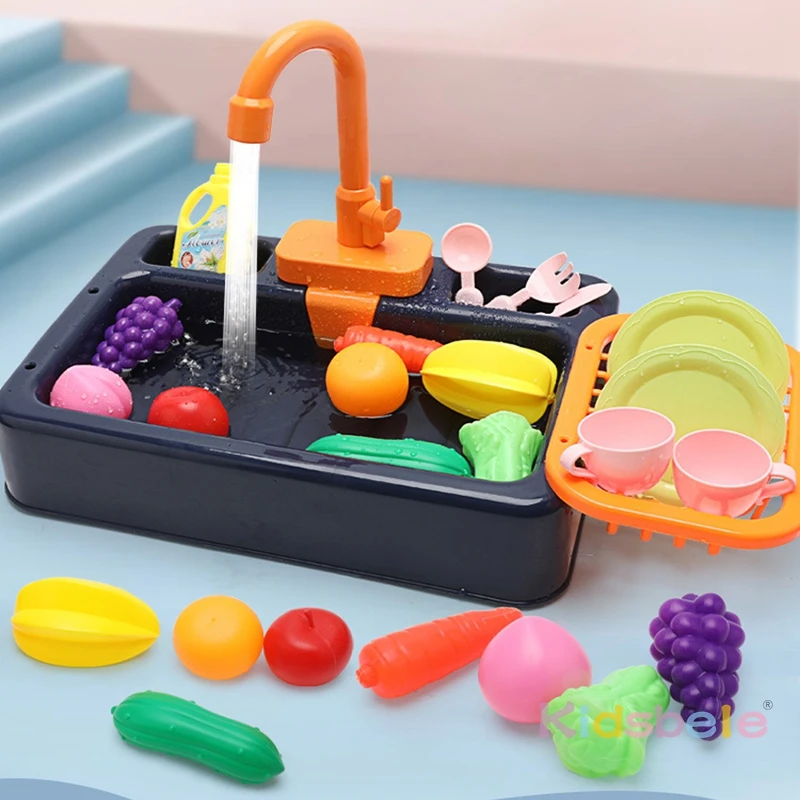 Pretend Play Kitchen Sink Toys with Vegetables and Fruits Electric Dishwasher with Automatic Running Water System