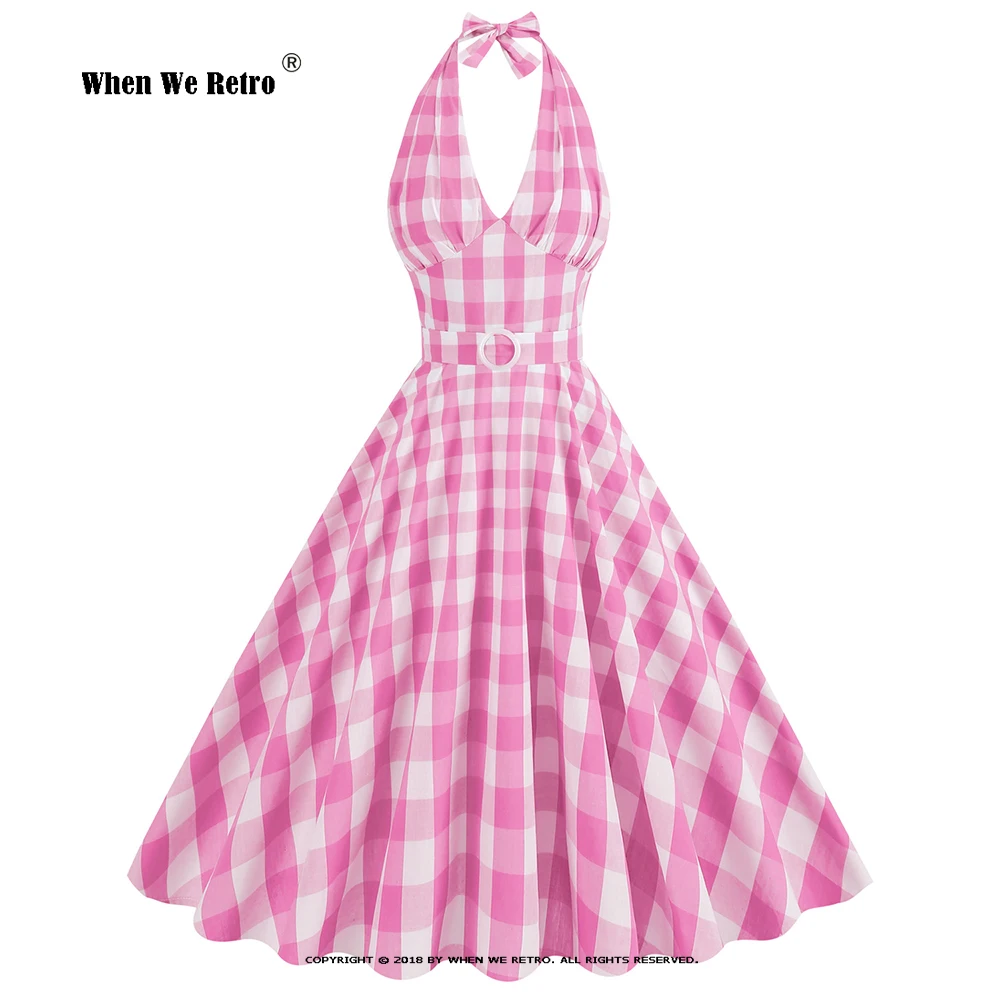 

Pink Plaid Print Halter Vintage Dress 50s 60s Pin Up Rockabilly Dress Robe Femme Sexy Spaghetti Strap Party Summer Dress VD4172