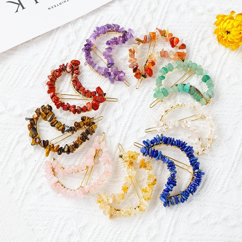 

10pcs Natural Chip Stone Moon Hair Clips Chakra Yoga Crystal Hairclip Amethyst Rose Quartz Hairpin Hair Clip Accessories