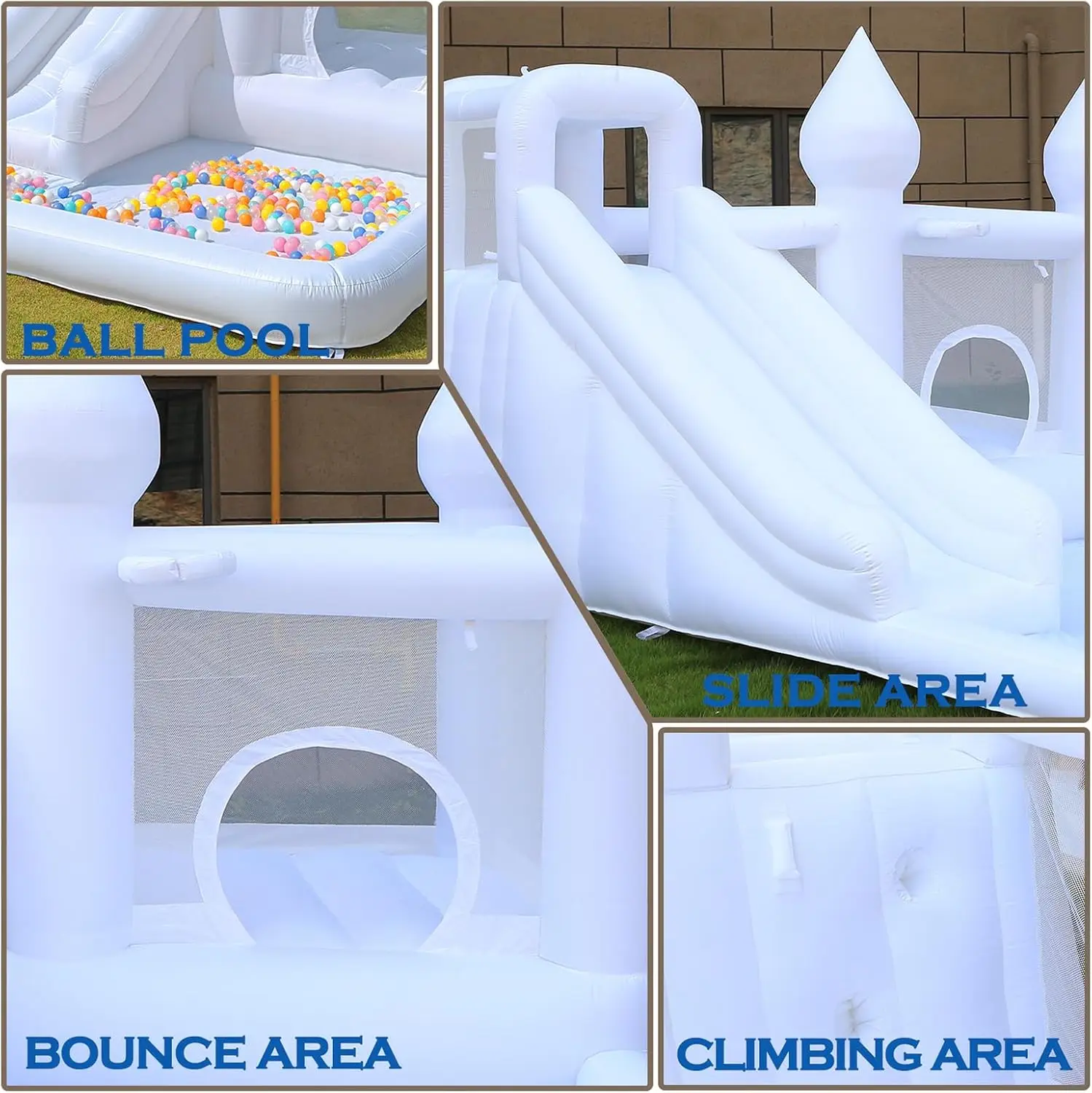 Inflatable White Bounce House with Slide Ball Pool and Blower PVC Jumping Castle for Kids Birthday Wedding Party Outdoor