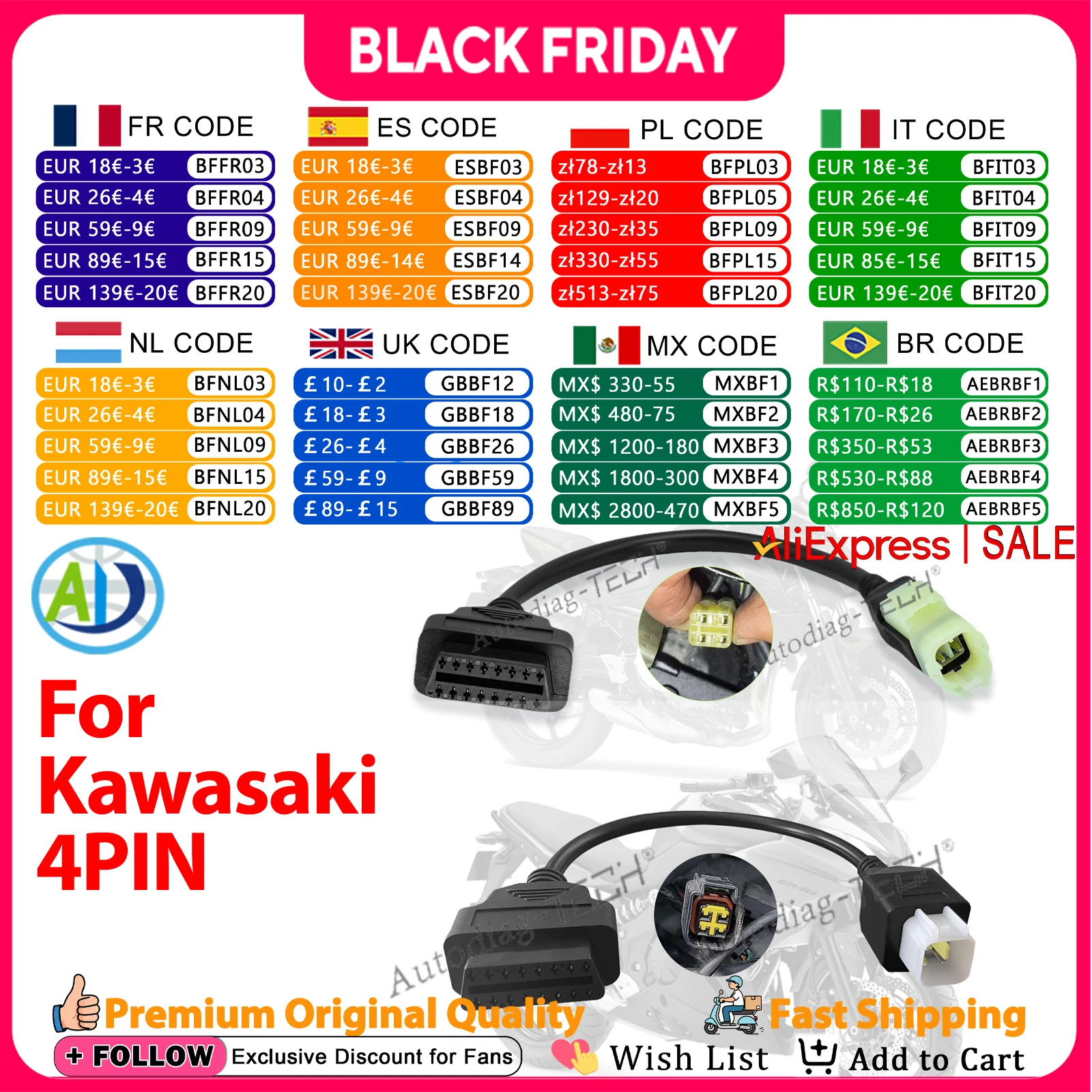 4Pin OBD2 Adapter For Kawasaki Z250 Z650 Z1000 ER6N EX650F