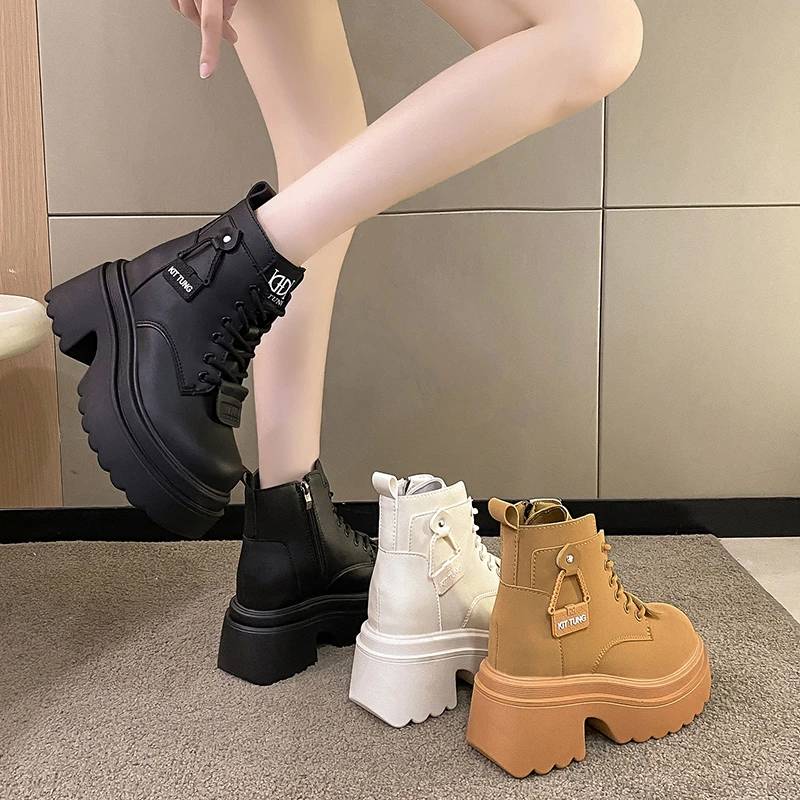 

Wedges Ankle Boots White Black Rubber Sole Shoes Platform Boots Women Lacing Autumn Platform Heels Shoes Heel 10 cm