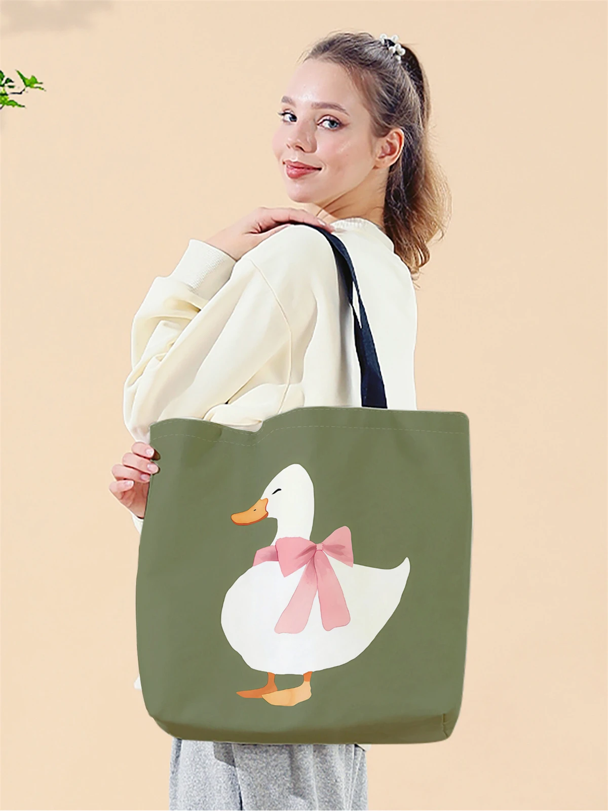 1pc,cartoon duck handbag, reusable fashionable handbag, multifunctional handbag, printed canvas shopping bag