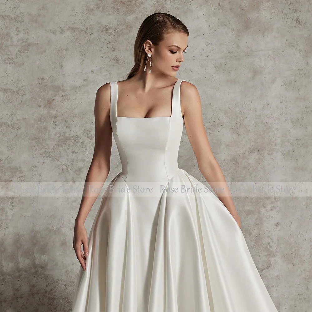 Customized Wedding Dresses Satin Square Collar A Line Backless Simple Wedding Gowns for Women Bride Button Modern Bridal Gown