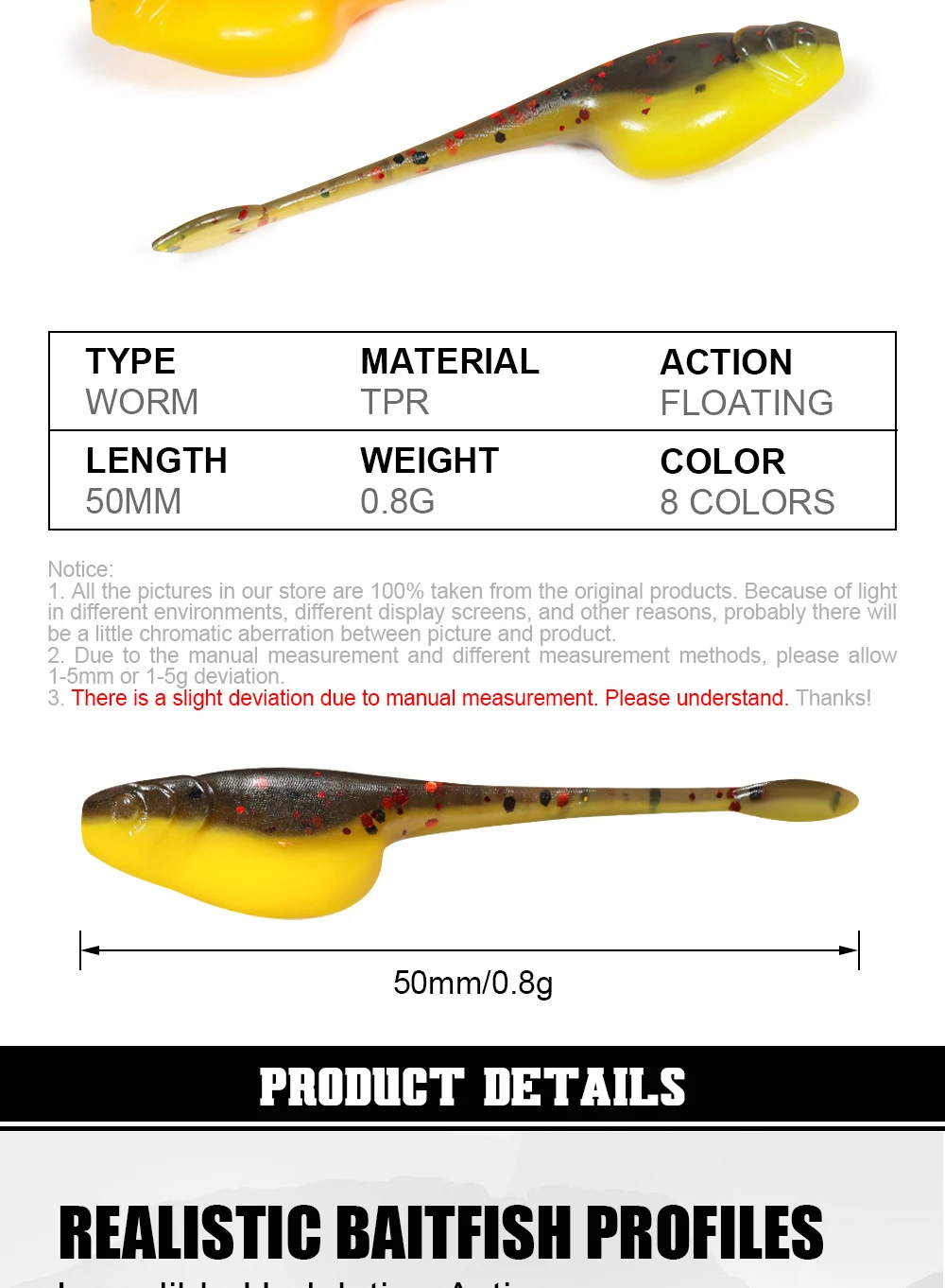 Description Picture 3 of itemRosewood Crappie Minnow Shad Soft Baits 5cm Ajing Worm Fishing Lure Willow Tail TPR Floating Drop Shot Ocean Rock Fishing Tackle