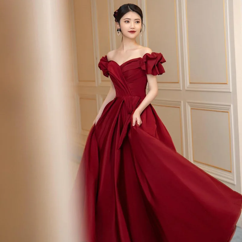 

Off Shoulder Burgundy Cheongsam Vestidos Lantern Sleeve Women Satin Prom Party Dress Ruffle A-Line Qipao Maxi Gown