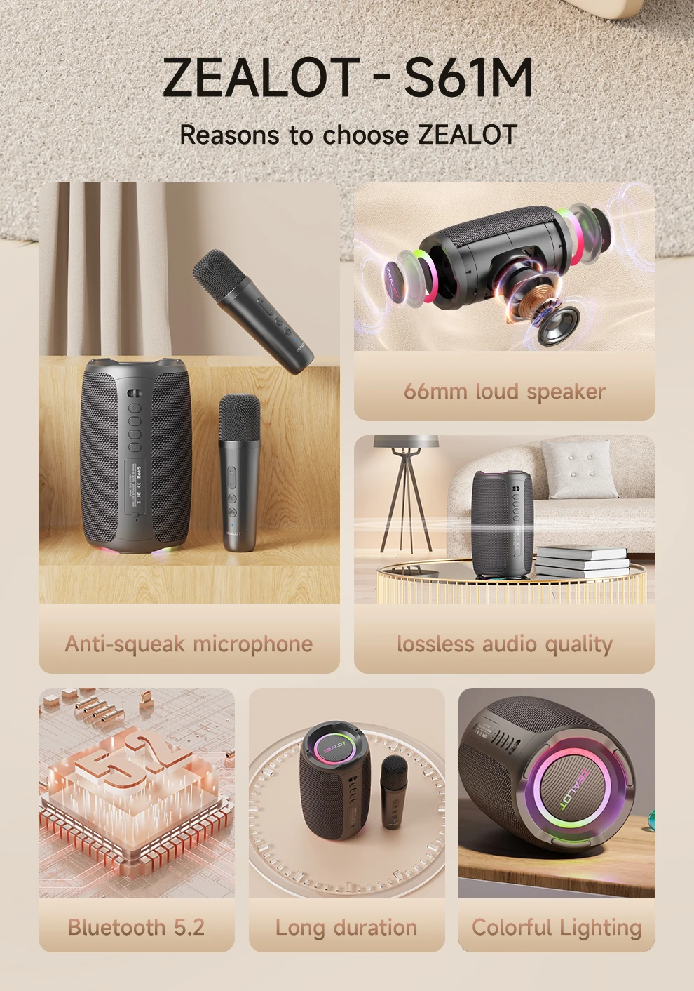 Description Picture 4 of itemZEALOT-S61M Karaoke Machine Portable Bluetooth 5.3 Speaker System with 1-2 Wireless Microphones Home Family Singing Gifts
