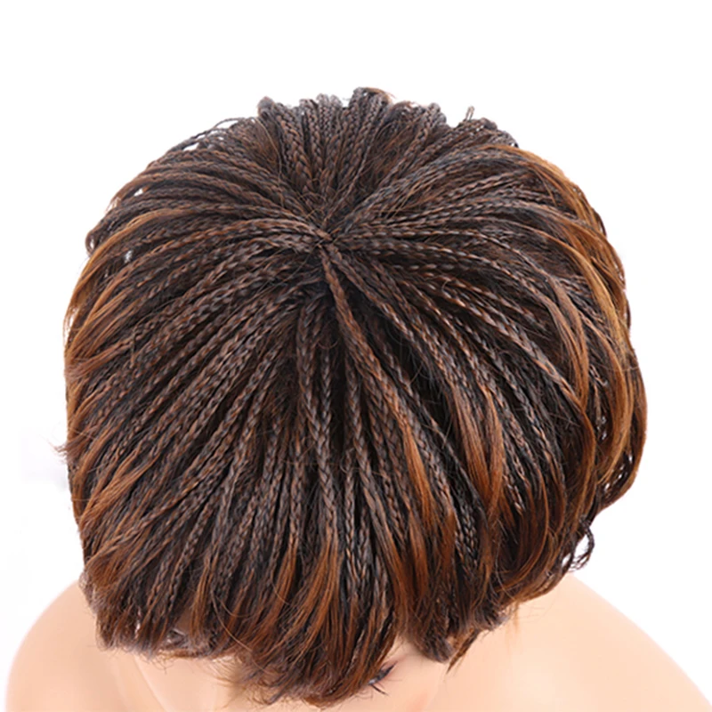 Short Box Braided Synthetic Hair Wig for Black Women Straight Hair with Natural Bangs
