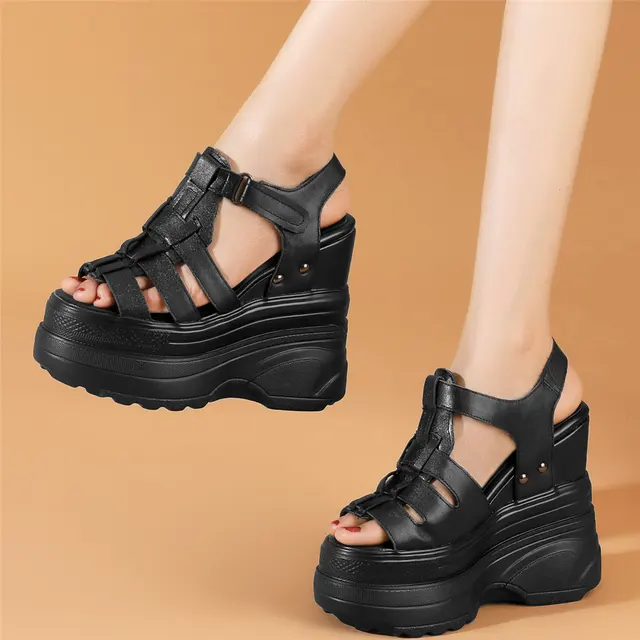 Plus Size 47 High Heel Shoes Women Size 46 Genuine Leather Wedges Gladiator Sandals Summer Open Toe Platform Pumps Size 45 Shoes 1