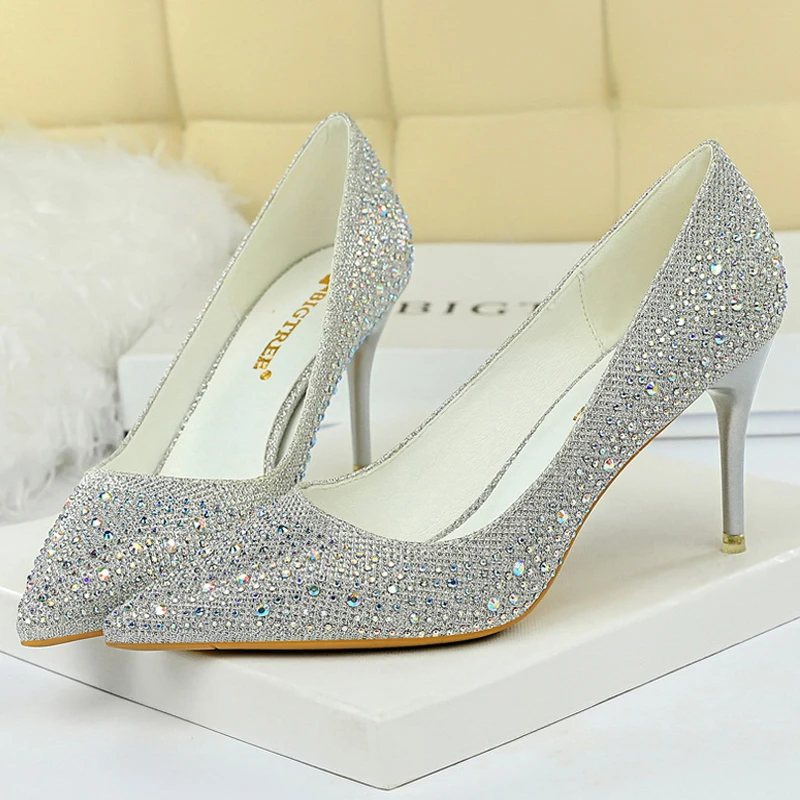 Large size 43 Women Pumps Fashion Wedding Shoes Rhinestone Glitter Bride High Heels Stiletto 7 CM 10 CM Luxury Pumps Party shoes