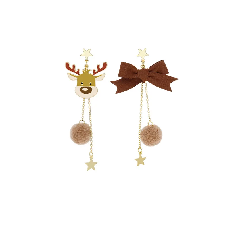 

2 Pairs Christmas New Elk Earrings Long Tassel Earrings Star Silver Needle Earrings Asymmetrical Bow Knot Ear Clip