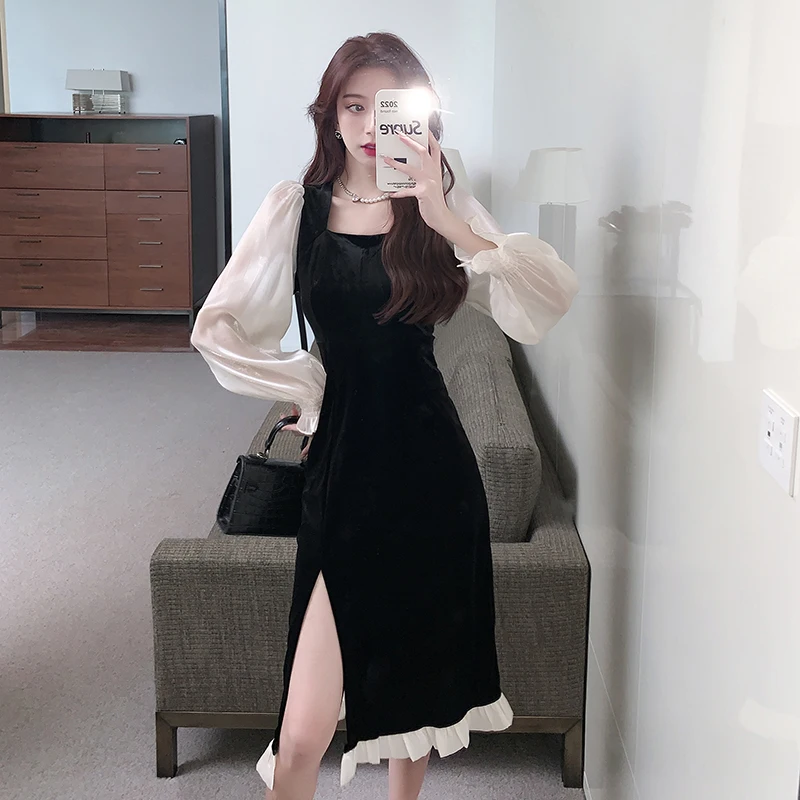 

2023 New Autumn Women's Dress Hepburn French Organza Antique Stitching With Slim Velvet At The Waist Free Shipping