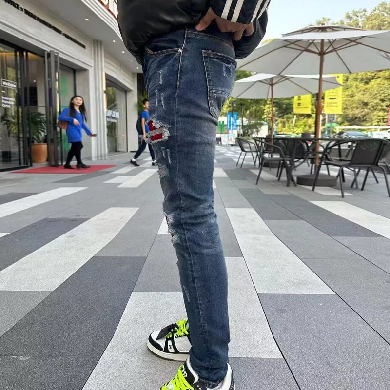 High Street Trend Fashion New Men's Elastic Jeans Vintage Deep Blue Tight Split Jeans Men's Red Patch Designer Hip Hop Brand Uni