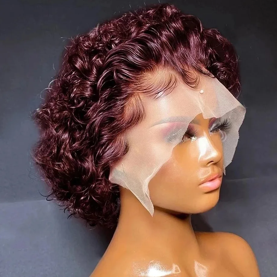 Peluca de cabello humano con corte Pixie 99J para mujer, pelo Afro rizado con ondas profundas, Color Natural