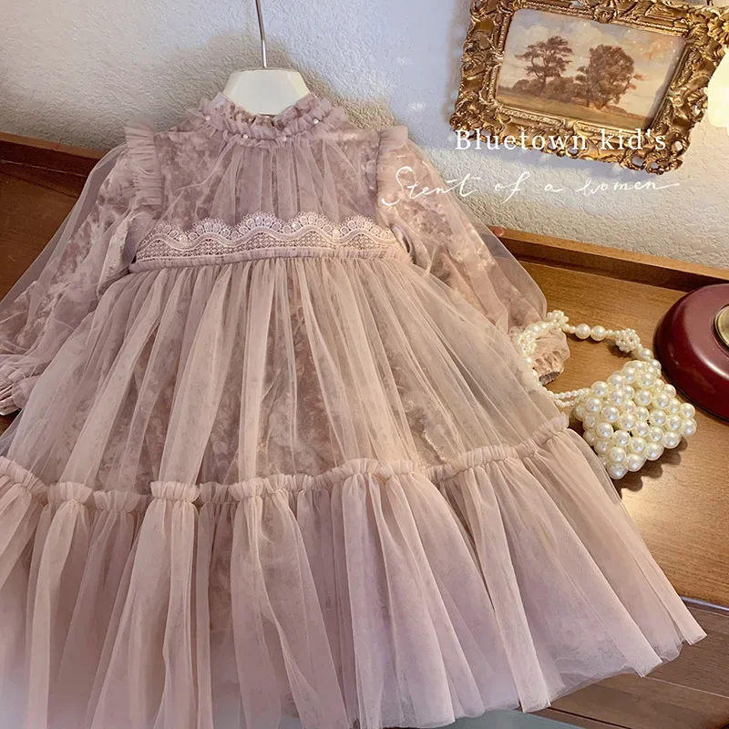 

Girl's Dress Spring And Autumn 2024 New Children's Velvet Birthday Girl's Winter Dress Fluffy Yarn Princess Dress