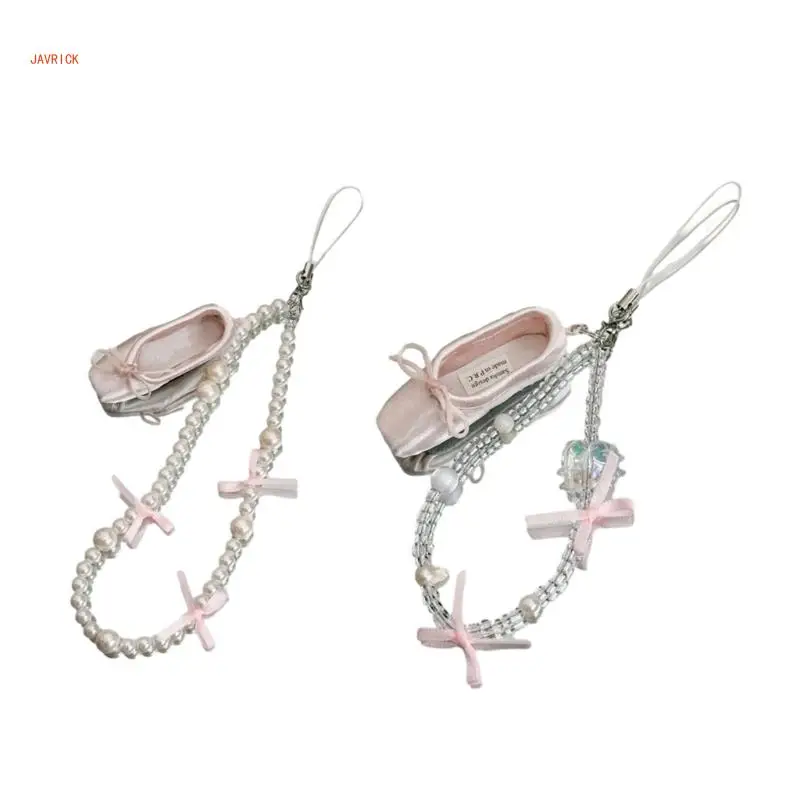 

N1HE Crystal Pearl Beaded Phone Chains Bowknot Ballet Shoes Charm Hanging Chain Pocket Keychain Charm Bag Pendant Decoration