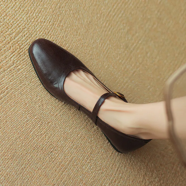 Mary Janes Buckle Strap Round Toe Flat with Heels Women Shoes Sewing Genuine Sheepskin Leather Femme De Luxe Designer
