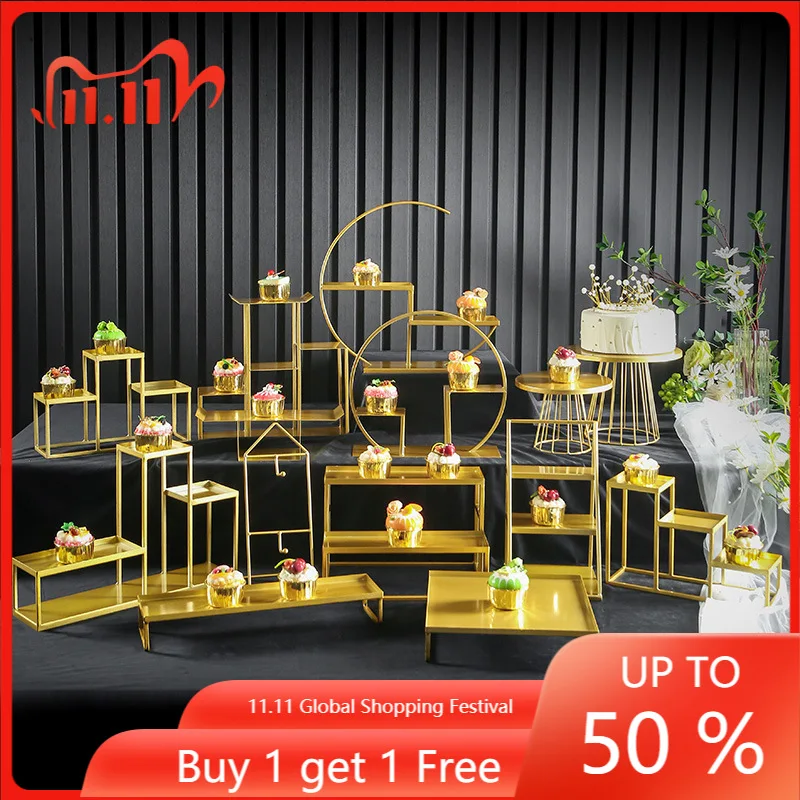 

[ 14 PCS ] European Dessert Table Show Wedding Decoration Set Simple cake Dim sum rack buffet buffet tea break table Golden