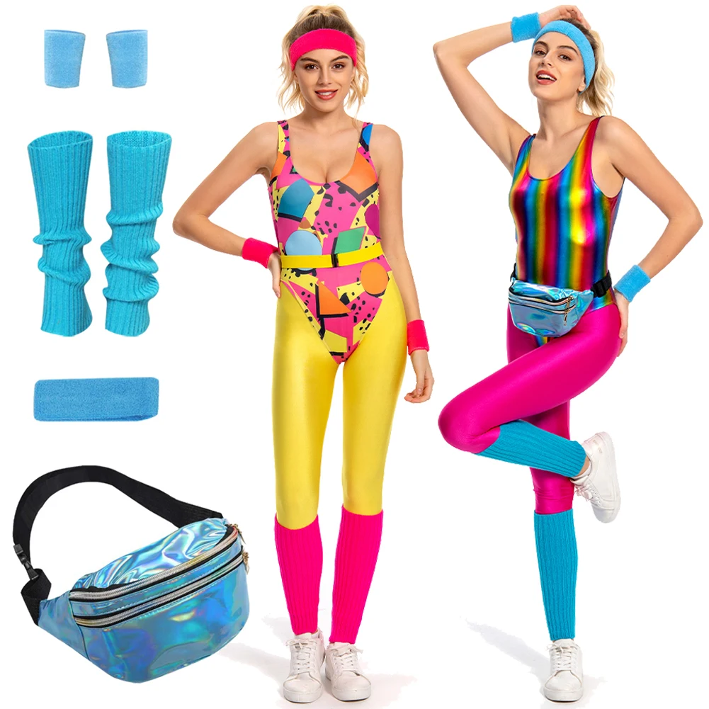 

6Pcs/Set 80s 90s Legging Cosplay Costume Sportwear Headband Girls Women Adult Halloween Carnival Party Roleplay Suit