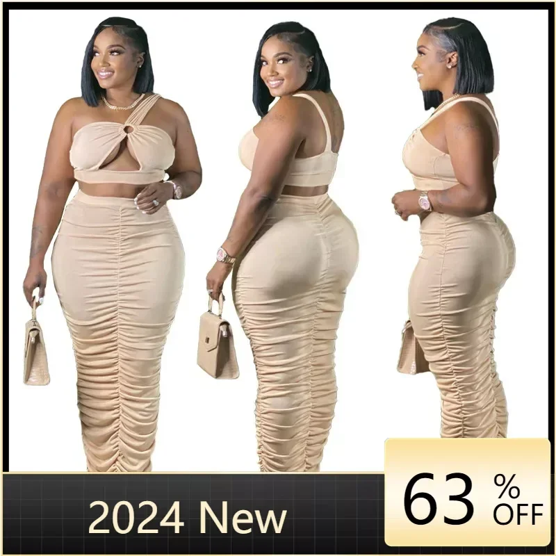 2024 Cropped Top And Long Skirt Two Piece Sets Bodycon Cut Out Night Club Partywear Co-ord Outfits Tight Women Suit polka dot white dress ruffles u neck maxi dress female sexy sheer lace up long dress spring summer 2023 new partywear