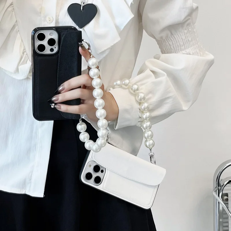 

Luxury Handbag Wallet Pearl Strap Phone Case For iPhone 15 15Pro Max 14 13 Pro 12 11 PU Leather Card Pocket Lanyard Back Cover