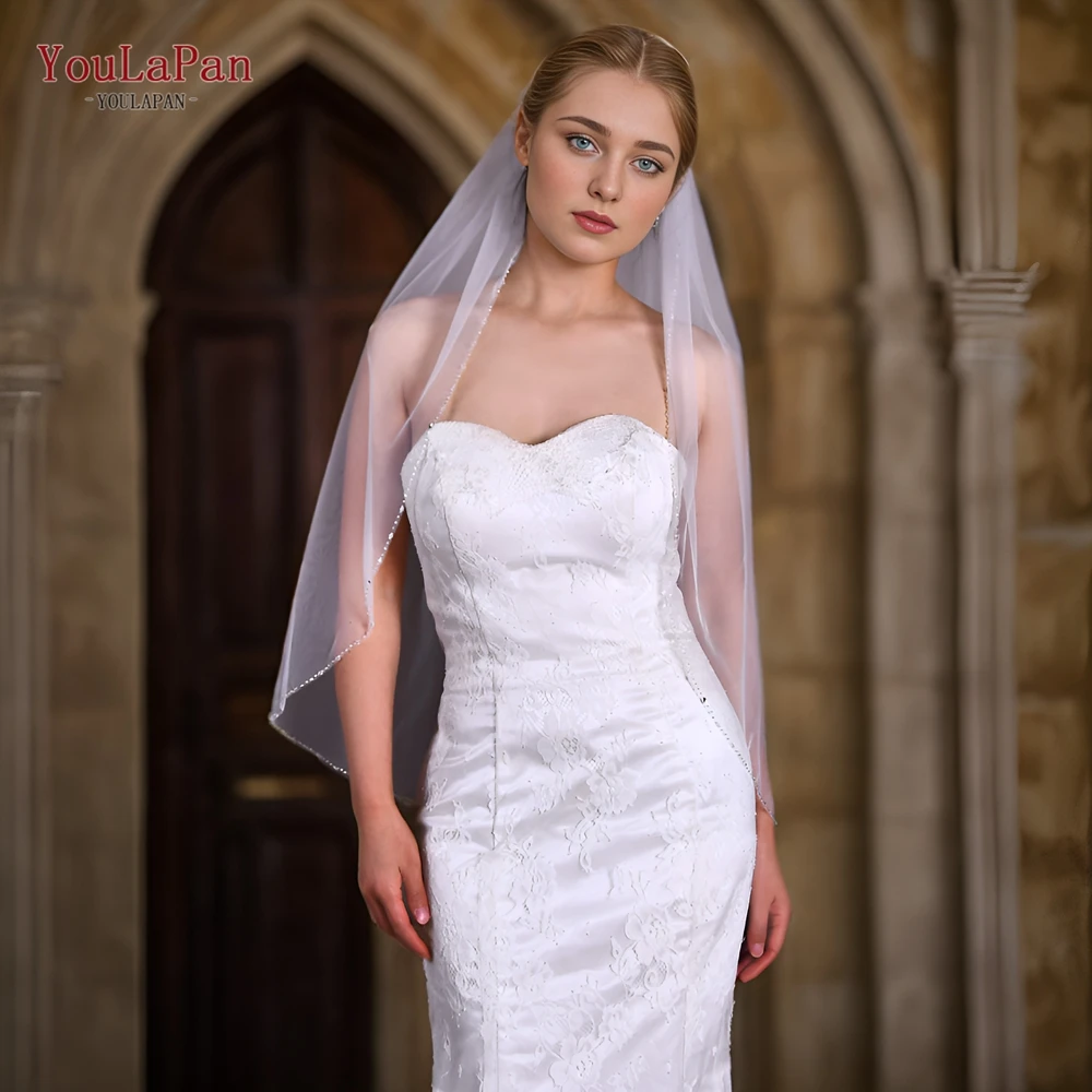 YouLaPan V31 Wedding Veil with Crystal Edge Bridal Veils Wedding Crystal Organza Beaded Sparkly Veil Short with Comb bridal veil