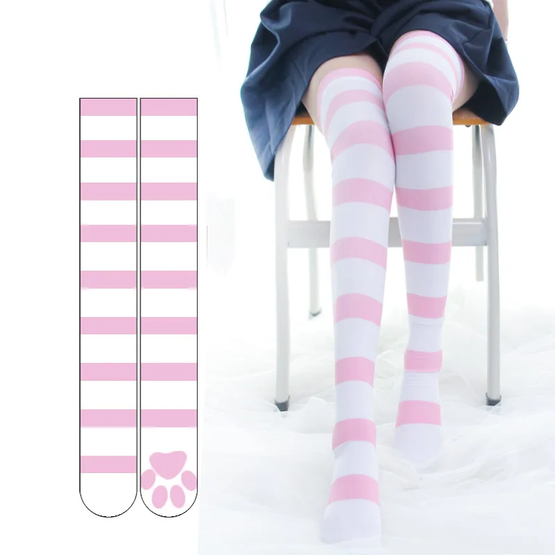 Meias rosa tira kawaii gato pata impressão lolita gótico veet sobre o joelho coxa alta jk meias longas_voghion.com