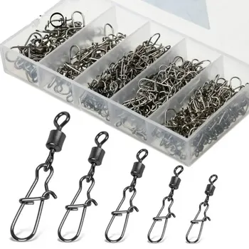 50pc/box Stainless Steel Fishing Connector Pin 4# 6# 8#10#12# Bearing Rolling Swivel with Snap hook 1